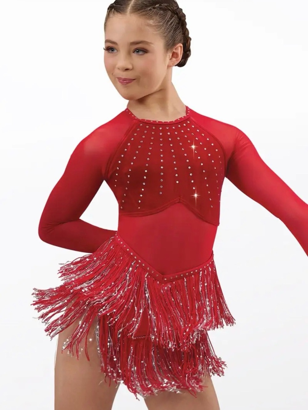 Weissman Red Fringe Dance Costume with Rhinestones